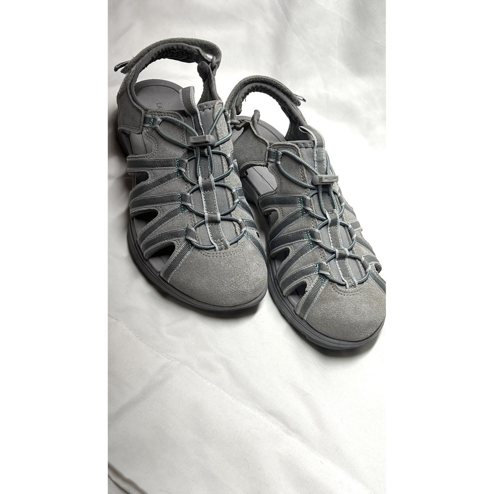 Lands End Womens Sport Sandals Gray Leather Adjustable Hook And Loop 8
